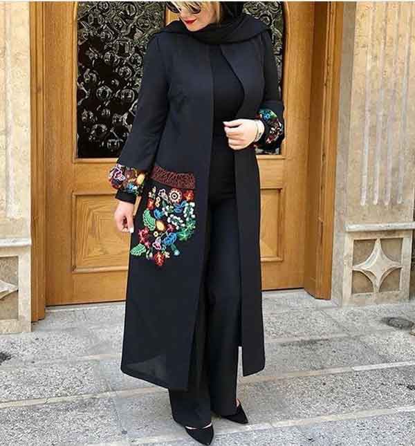 مدل مانتو مجلسی بلند مشکی جدید اینستا و کرپ و جلو باز