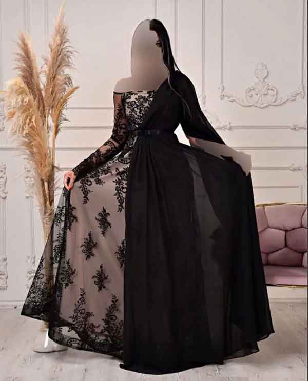 مدل لباس گیپور بلند حاشیه دار با گلهای برجسته 1402 جدید و مجلسی