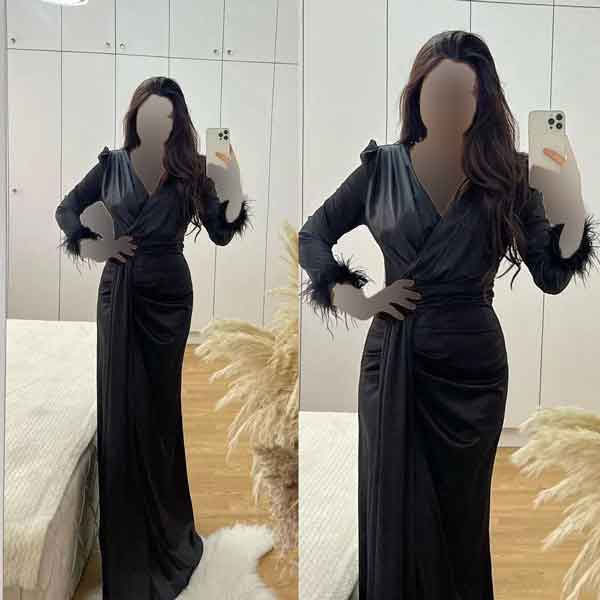 مدل لباس مجلسی استین دار بلند ژورنالی مزونی دوز زیبا و جدید
