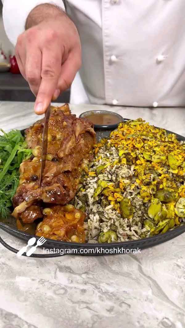 تزیین چلو گوشت مجلسی در دیس و تکی همراه با دسر