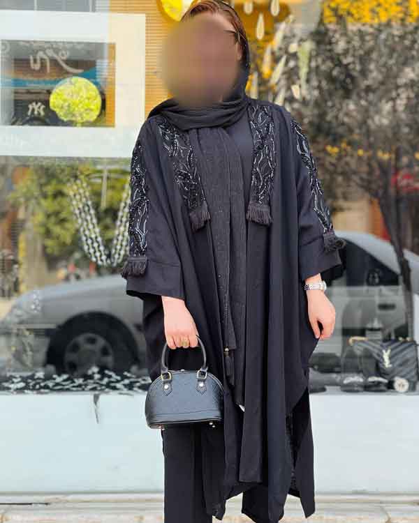 مدل مانتو مجلسی بلند مشکی کرپ سبک و جدید جلو باز و بسته
