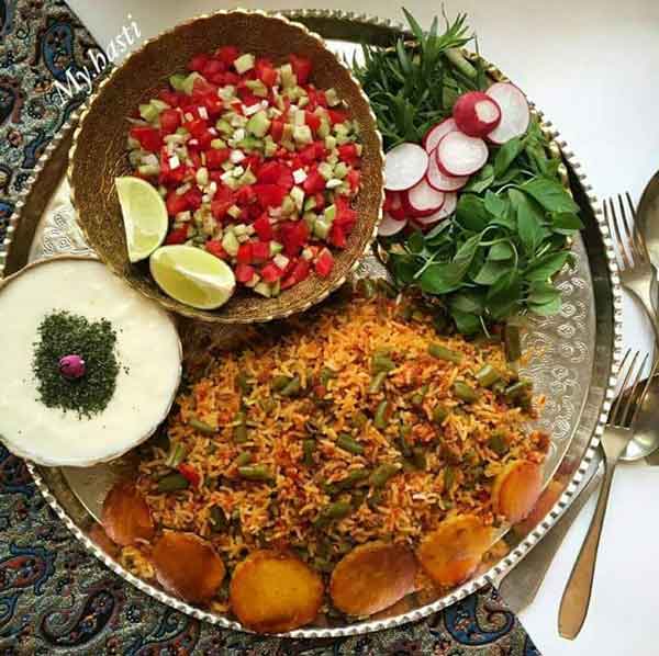 تزیین لوبیا پلو با گوشت چرخ کرده و مرغ همراه با دروچین زیبا