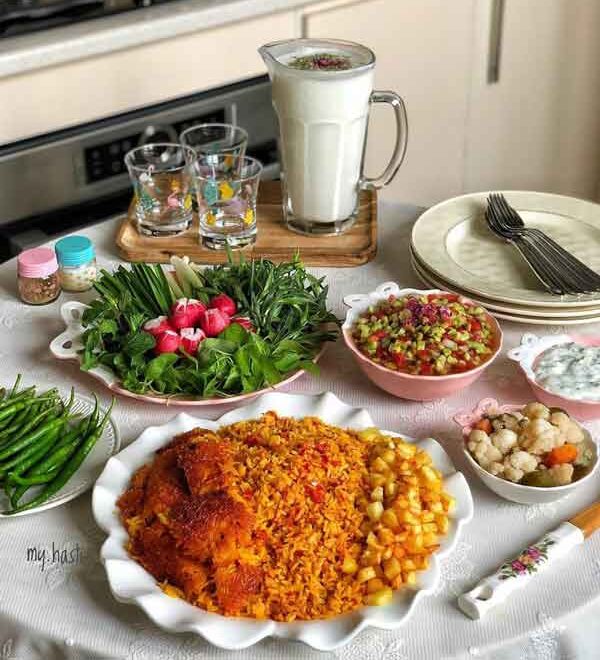 تزیین لوبیا پلو با گوشت چرخ کرده و مرغ همراه با دروچین زیبا
